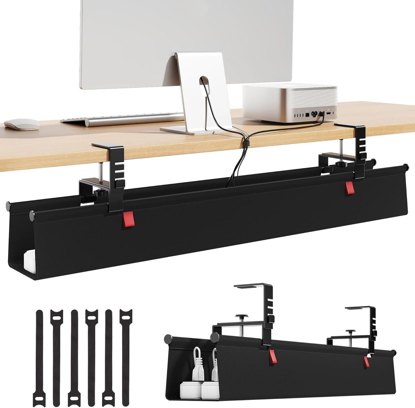 Litwaro Under Desk Cable Management Tray No Drill, 36" Cord Organizer with Clamp for Standing Desk, Premium Fabric Cable Tray with Wire Management for Office Home, Black