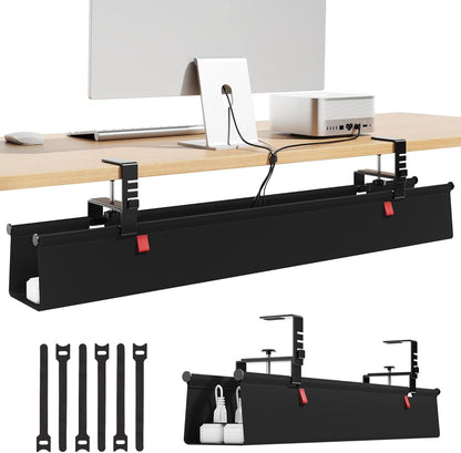 Litwaro Under Desk Cable Management Tray No Drill, 36" Cord Organizer with Clamp for Standing Desk, Premium Fabric Cable Tray with Wire Management for Office Home, Black