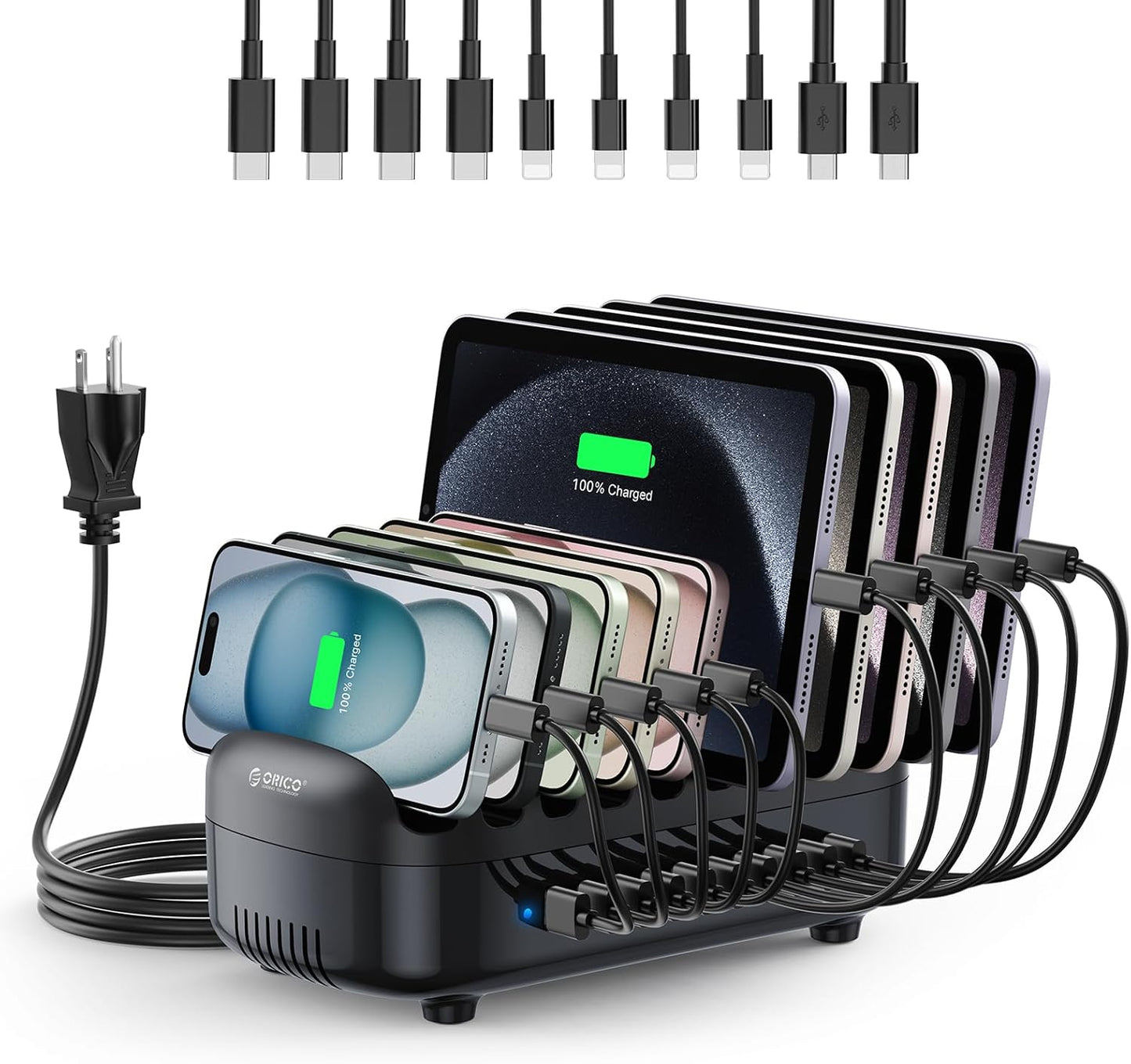 ORICO Multi USB Charging Station, 120W Charging Docking Organizer for Multiple Devices with Cables, 10-Ports Charging Station Compatible with iPad, iPhone, Tablet, Kindle and Cell Phones