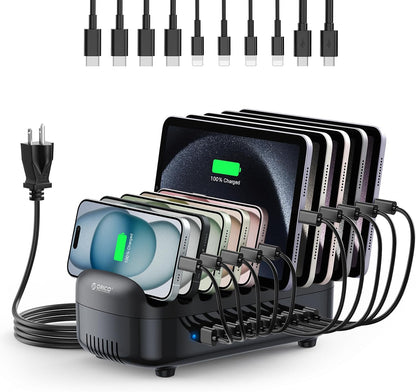 ORICO Multi USB Charging Station, 120W Charging Docking Organizer for Multiple Devices with Cables, 10-Ports Charging Station Compatible with iPad, iPhone, Tablet, Kindle and Cell Phones