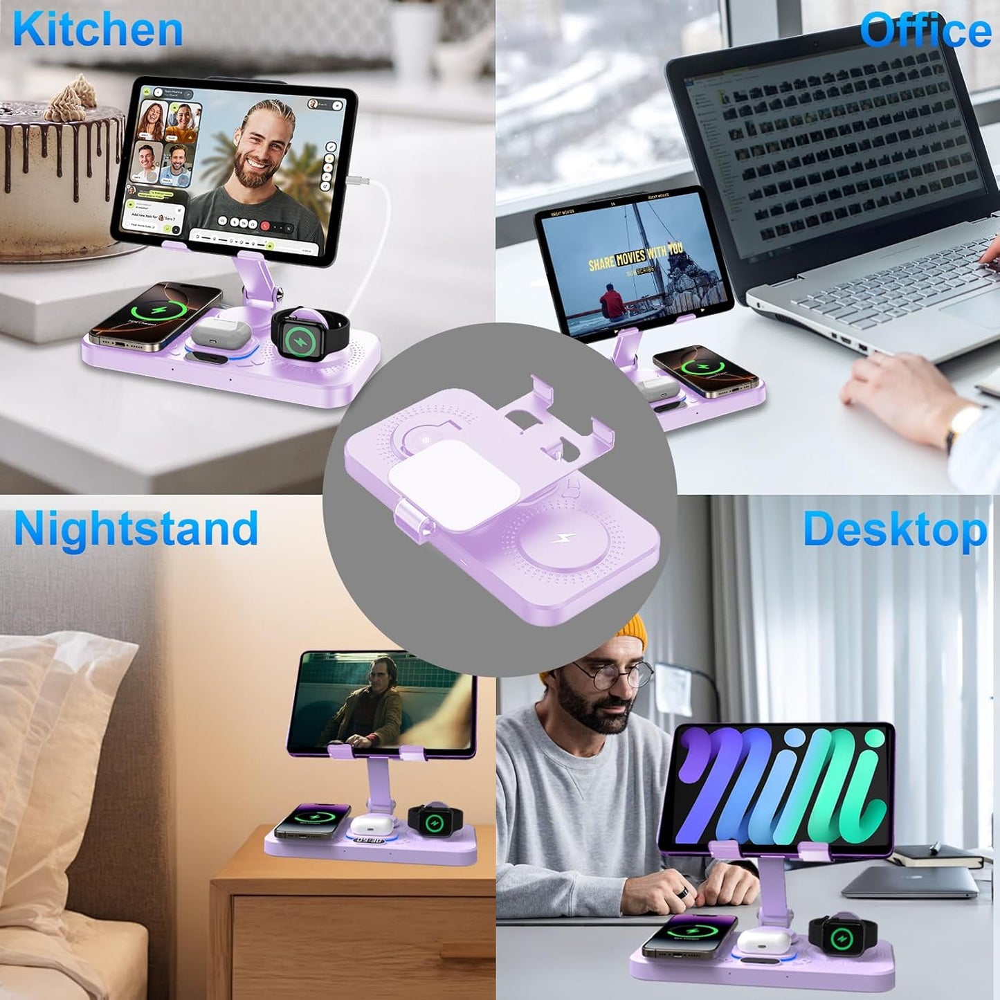 6 in 1 Wireless Charger for Apple Device, 30W Foldable Wired Charging for ipad with Clock & 7 Color Ambient Light, Nightstand Charger Station for iPhone 17/16/15/iWatch Series/AirPods 4/Pro 3(Purple)