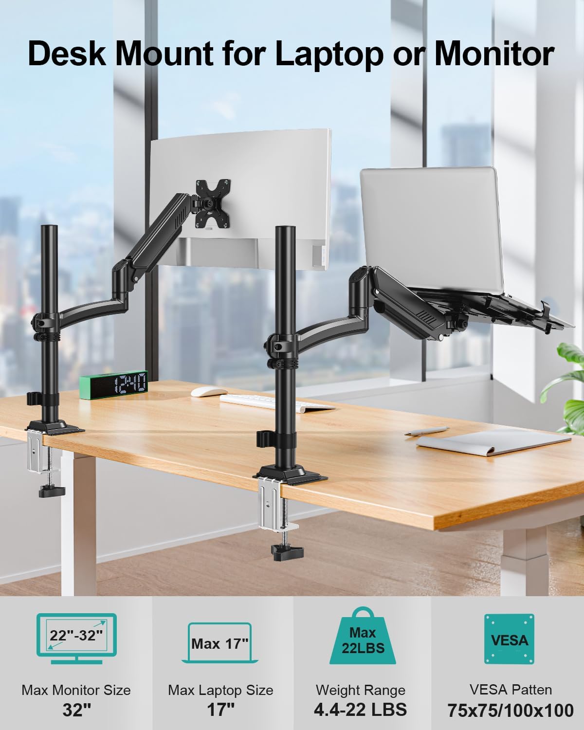 MOUNT PRO Laptop Arm Mount for Desk, 2 in 1 Function Monitor Laptop Stand, Fits Max 17" Notebook and 32" Computer Screen, Aluminum Single Monitor Holder with Adjustable Tray, Holds up to 22lbs