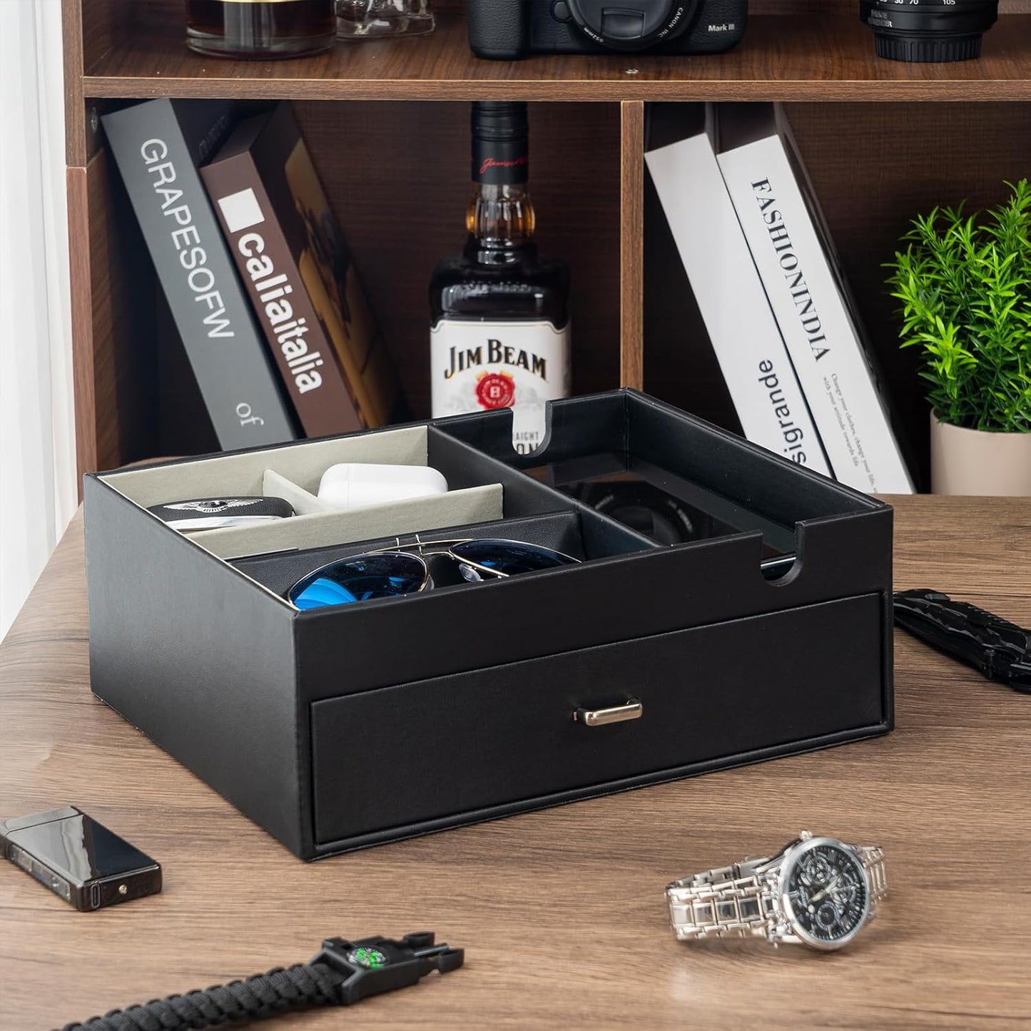 ProCase 2 Layers Valet Tray Gift for Men, Nightstand Organizer EDC Dump Catchall Trays with Phone Charging Station, Dresser Top Table Beside Entryway Storage Box -Black