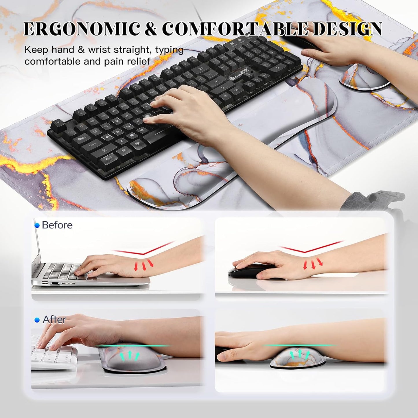 Gimars Upgrade Enlarge Silky and Superfine Fabric Gel Memory Foam Keyboard Wrist Rest Set, Ergonomic Keyboard Mouse Wrist Support for Typing Pain Relief, Comfort for Office, Gaming, Computer