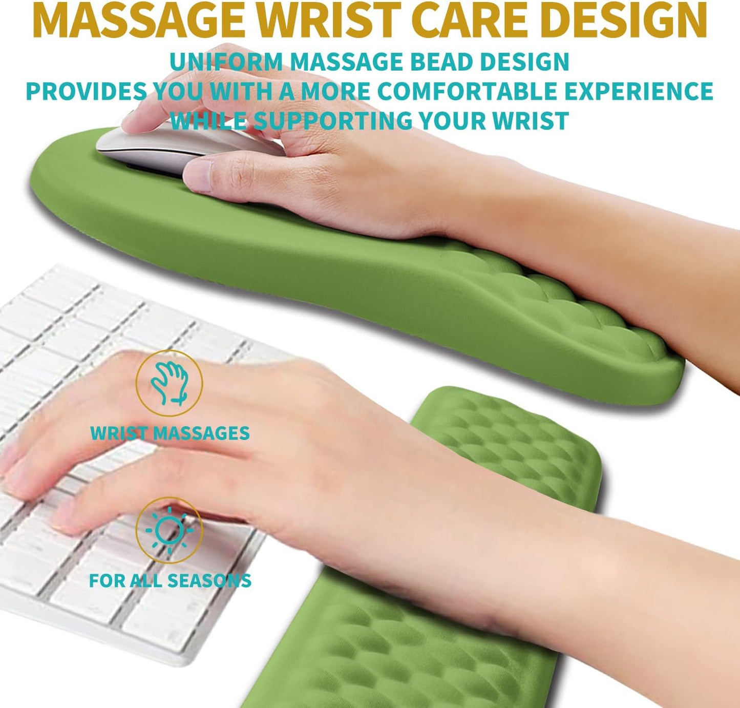 Hokafenle 2 in 1 Ergonomic Mouse Pad Wrist Support & Wrist Rest for Computer Keyboard Set, with Relieve Carpal Tunnel Pain Massage Bulge and Full Memory Gel Design (2In1 Set, Light Green)