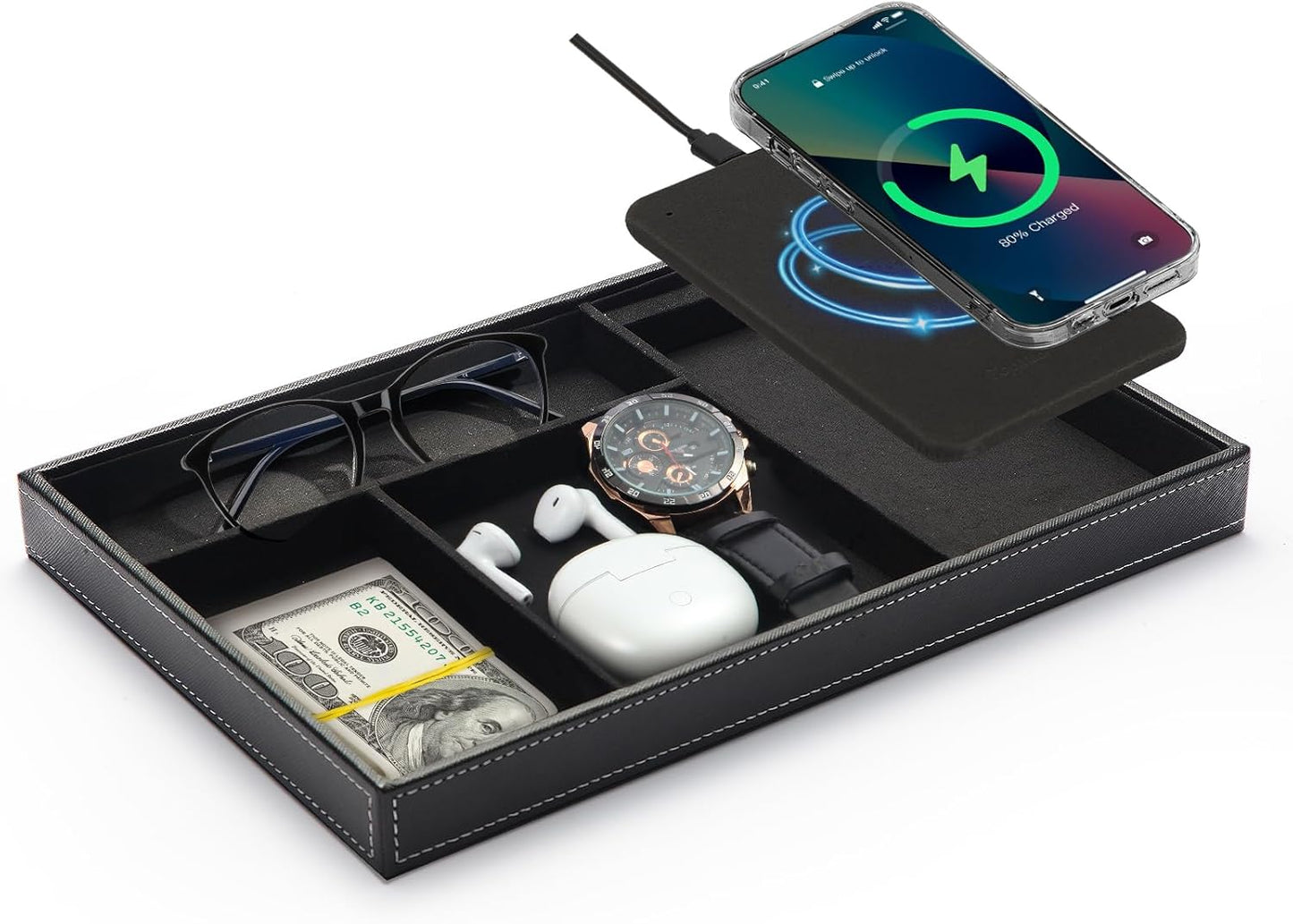 TopMade Valet Tray with Wireless Charging Pad Nightstand Organizer, Leather Desktop Storage Dresser Organizer Charging Station, Jewelry Box Catchall Bedside Vanity Tray for Men Women(Brown)