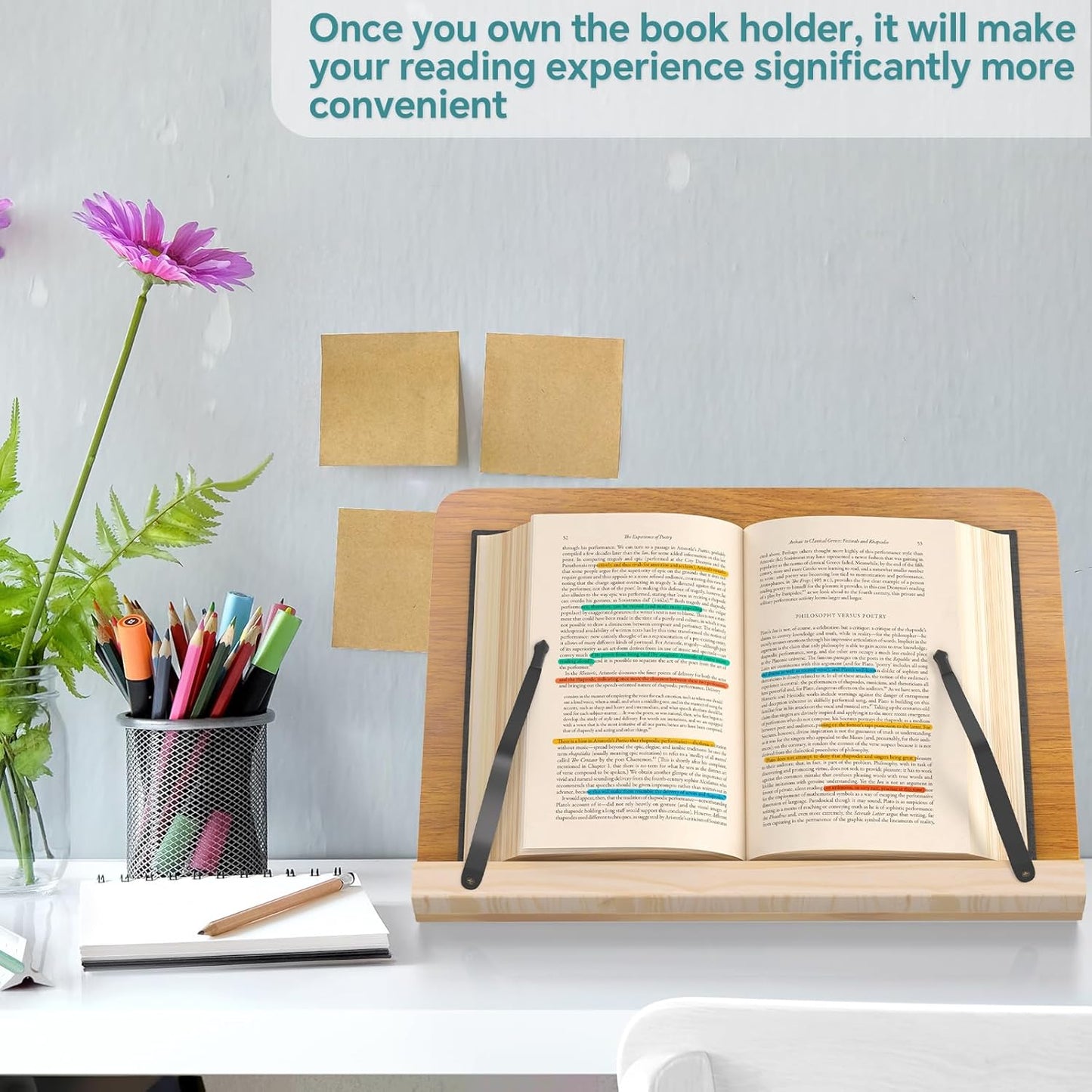 Book Stand for Reading,8 Adjustable Height Holder Tray with Page Clips for Textbook/Cookbook/Music Scores/Tablet/,Lightweight Reading Hands Free Desktop Document Book Mount,Bamboo Holder-Oak Brown