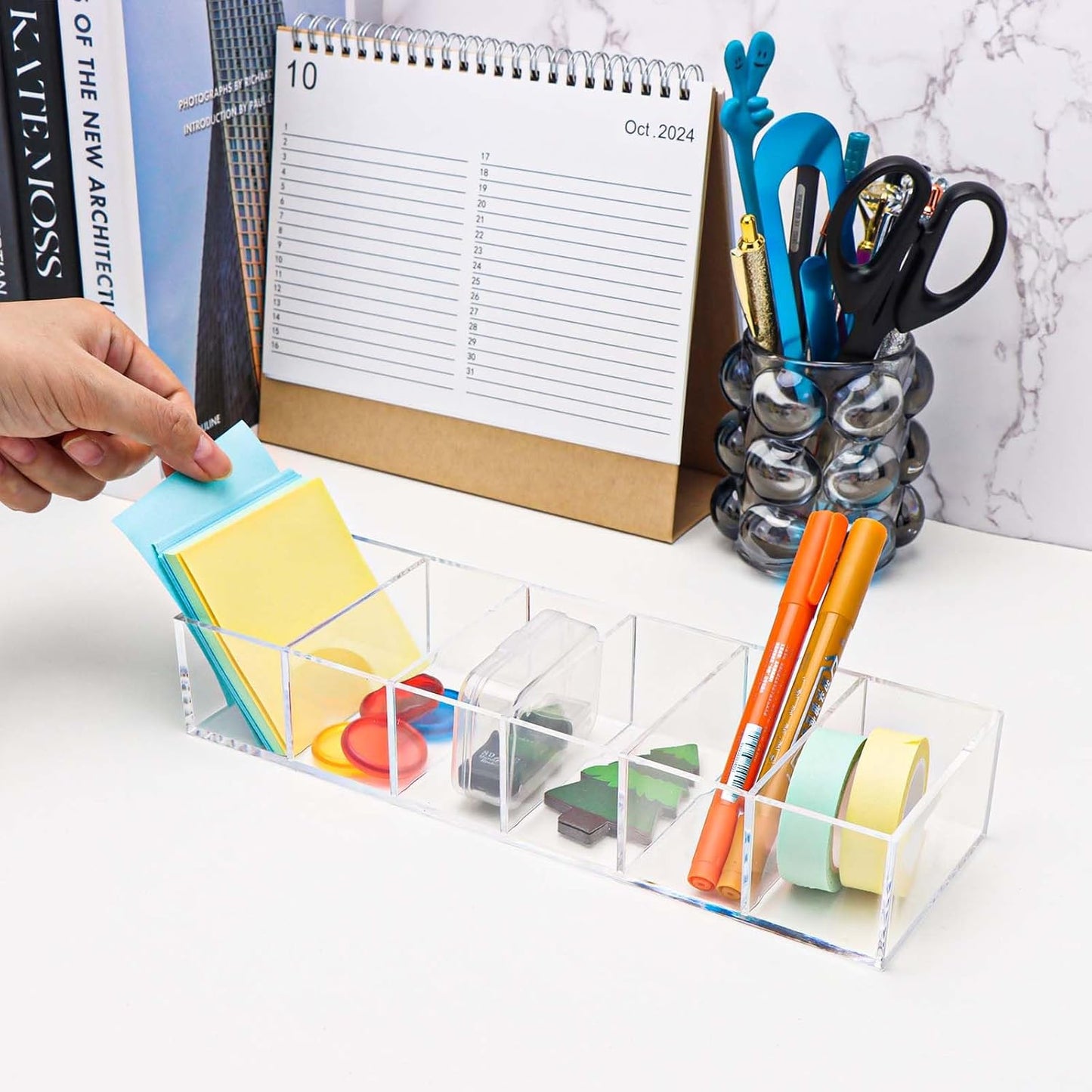 NatSumeBasics Clear Drawer Organizer 6-Section Desk Compartment Acrylic Tray Holder, 3.3" Width not for Storage Credit Cards Business Card, Office Accessories Supplies (Small)