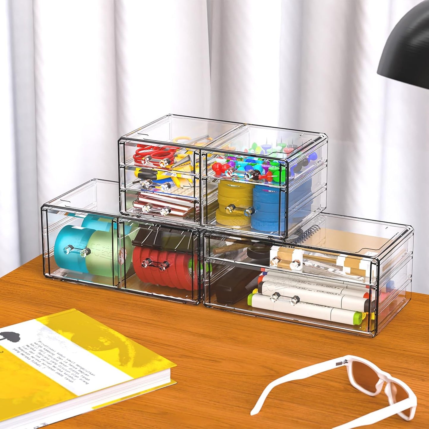 Cq acrylic 2 Pack Clear Desk Organizer With Drawers,Stackable 6 Drawers Skincare Organizer,Cute Skin Care Organizers for Vanity Hair Clip,Jewelry,Beauty Product Desk and Makeup Organizers Countertop