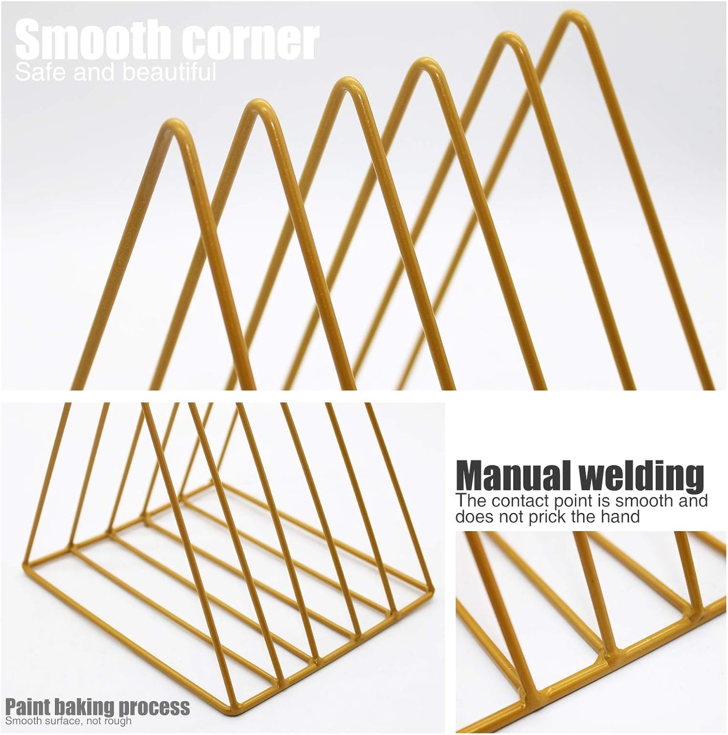 QPEY Triangle File Holder,5 Slot Metal Vinyl Record Stand Holder Magazine Newspaper Holder Photography Props for Office Home 1 Pc (Gold)