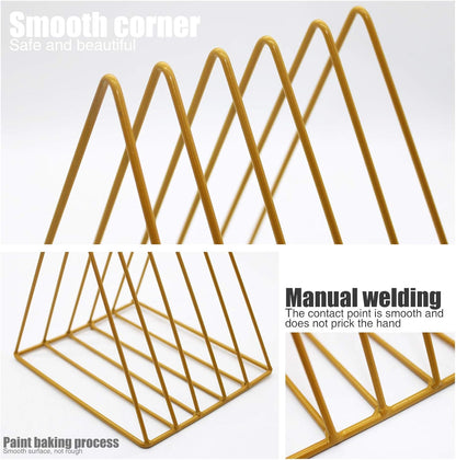 QPEY Triangle File Holder,5 Slot Metal Vinyl Record Stand Holder Magazine Newspaper Holder Photography Props for Office Home 1 Pc (Gold)