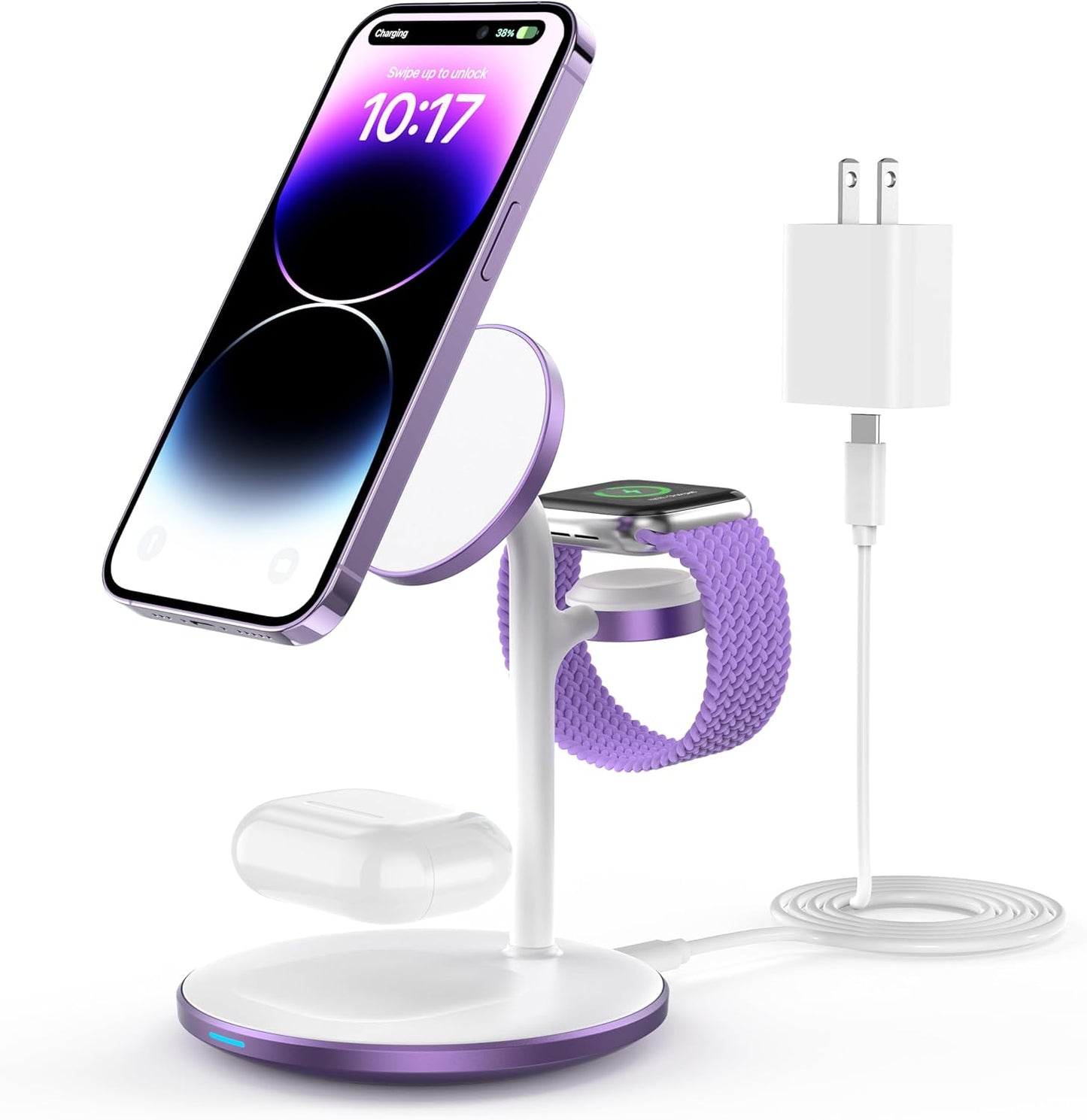 XooFly 3 in 1 Wireless Charging Station for Apple Devices, Fast Wireless Mag-Safe Charger Stand with 20W Adapter for iPhone 17 16 15 14 13 12 Pro Max/Air/Plus/Pro,iWatch,AirPods-Gift for Wife&Husband