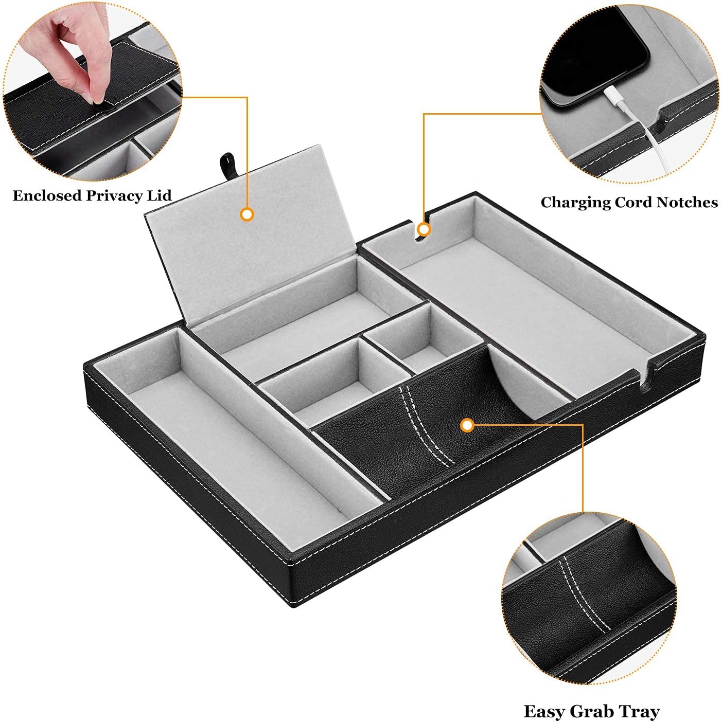 Baoyun Mens Nightstand Organizer, Leather Valet Tray for Men, EDC Catchall Tray with Phone Charging Station, Dresser Top Organizer, 6 Compartments Entryway Valet Box for Wallet, Keys, Phone