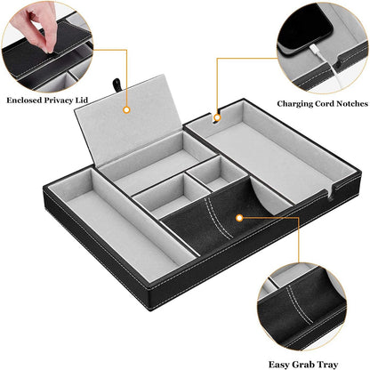 Baoyun Mens Nightstand Organizer, Leather Valet Tray for Men, EDC Catchall Tray with Phone Charging Station, Dresser Top Organizer, 6 Compartments Entryway Valet Box for Wallet, Keys, Phone