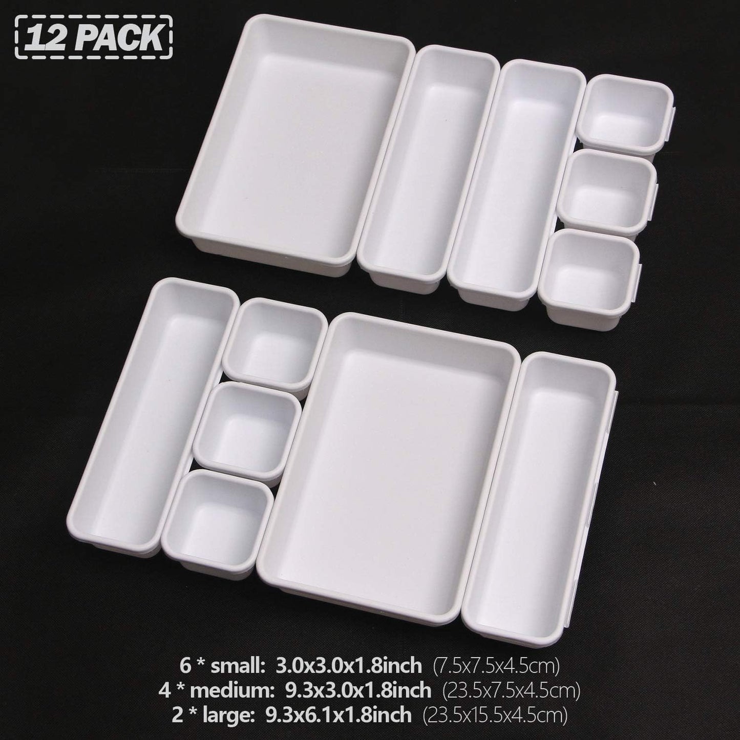 Set of 12 Interlocking Desk Drawer Organizer Tray Dividers Plastic Shallow Narrow Drawers Organizers Separators and Storage Bins Container for Kitchen Bathroom Makeup Office Vanity Bedroom Dresser