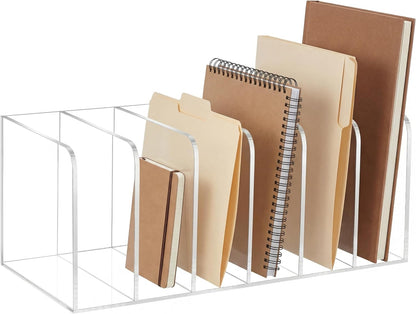 Suzile Clear Acrylic Magazine File Holder with Vertical Compartments Desk Organizer Book Rack for Desk Sorter Paper Folder Office Accessories(Clear,14.2 x 7.2 x 6.5 Inch)