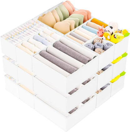 Criusia 15 Pack Drawer Organizer for Clothes, Foldable Dresser Dividers with 3 Sizes, Fabric Storage Bins – Beige