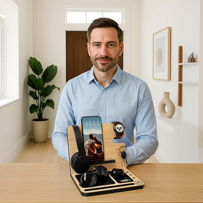 Namore Wood Phone Docking Station for Men – Nightstand & Desk Organizer with Valet Tray for Wallet, Watch & Keys – Bedside Organizer Gift for Husband or Dad