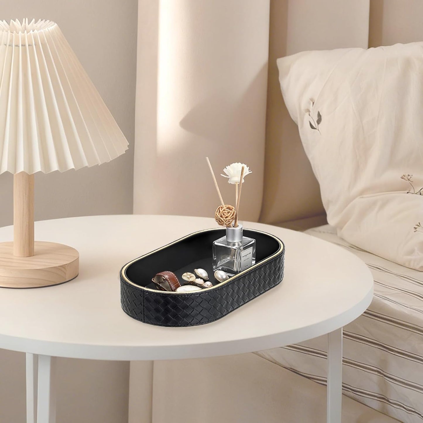 Hipiwe Perfume Trays PU Leather Vanity Tray for Dresser Bathroom Valet Trays Oval Desk Tray Jewelry Dish Holder Decorative Catchall Trays Nightstand Organizer, Beige
