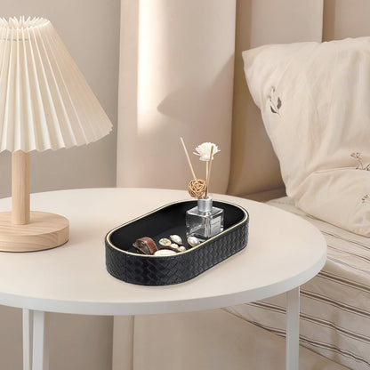 Hipiwe Perfume Trays PU Leather Vanity Tray for Dresser Bathroom Valet Trays Oval Desk Tray Jewelry Dish Holder Decorative Catchall Trays Nightstand Organizer, Beige