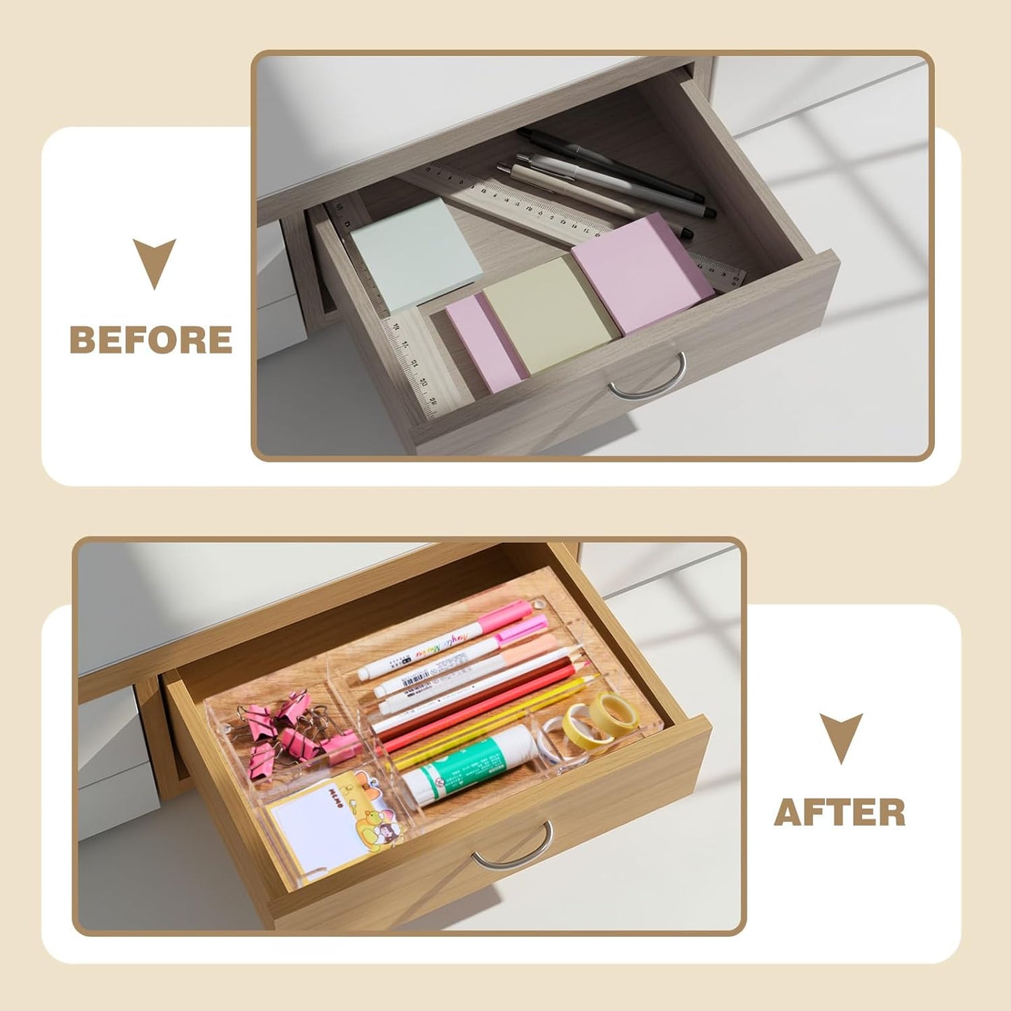 Briwooody 3 Pcs Clear Acrylic Desk Drawer Organizer 13.7 x 8.7 x 2 Inch Drawer Organizer Trays with 8 Compartments Desk Accessories for Office Makeup Silverware Bathroom