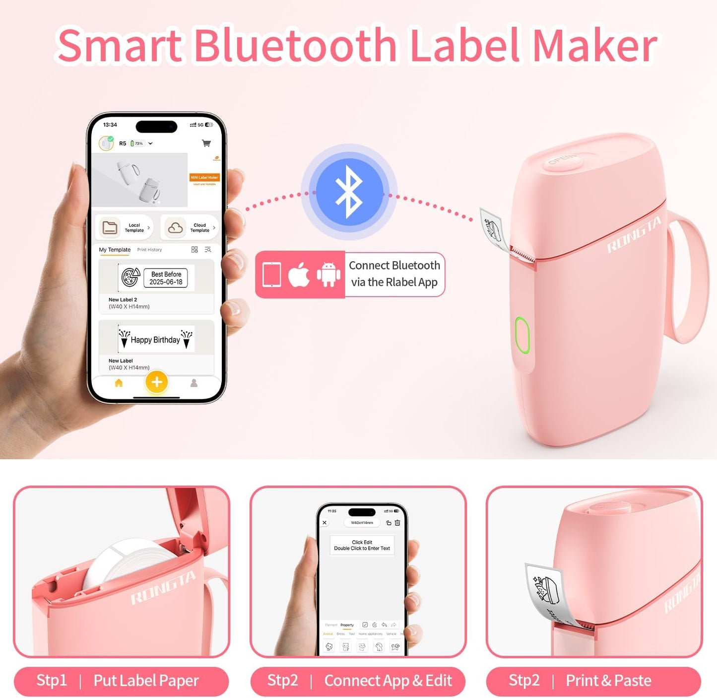 Rongta Bluetooth Label Maker Machine with Tape, Portable Mini Label Printer Wireless Thermal Handheld Sticker Makers Mini Label Makers with Multiple Templates for Organizing Office Home School(White)