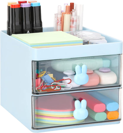 LETURE Small Desk Organizer With Drawer, Office Desktop Storage Box, Business Card/Pen/Pencil/Mobile Phone/Stationery Holder Storage Box, Makeup Organizer for Office School Home (Pink)