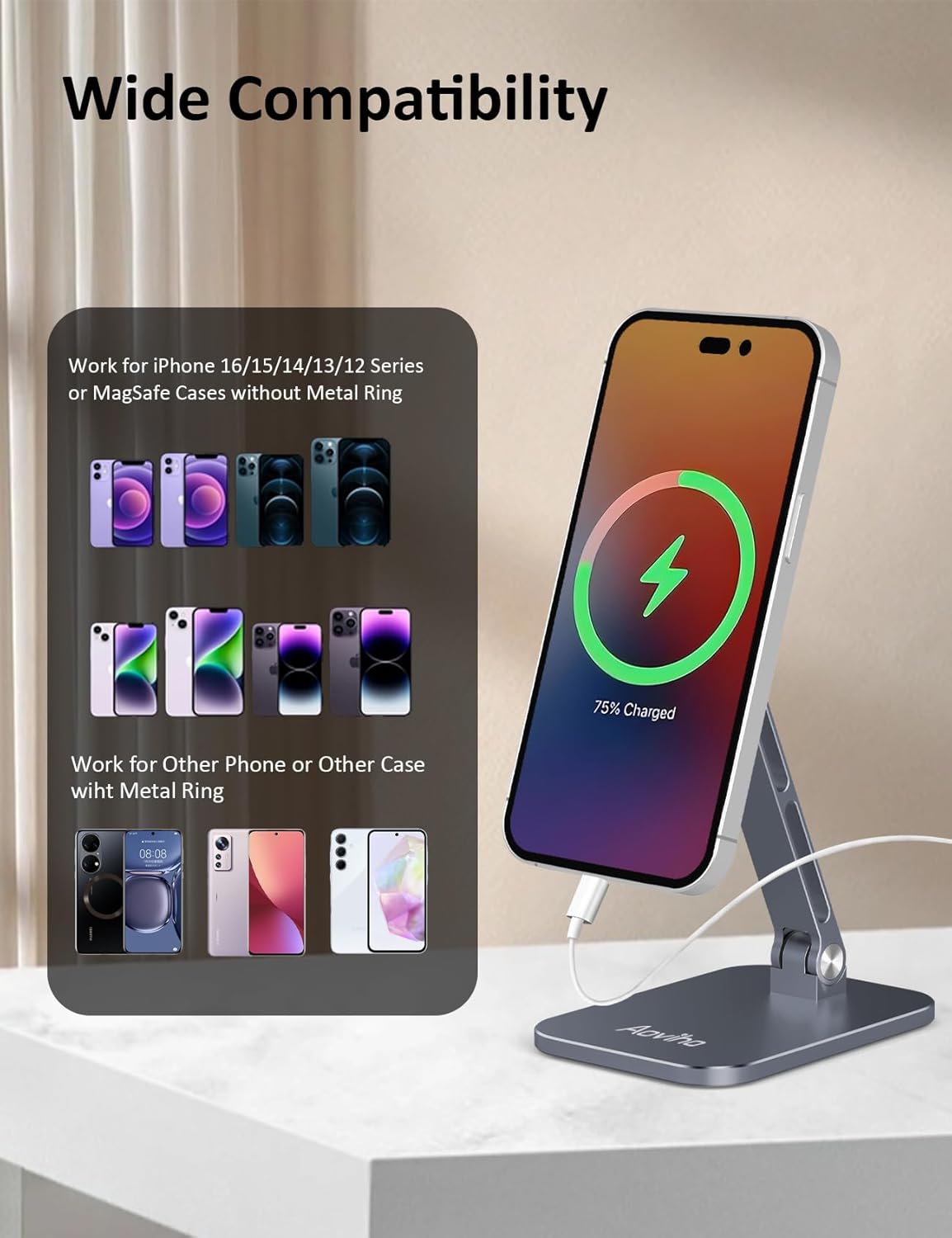 Aoviho Magnetic Phone Stand for MagSafe Adjustable - Aluminum Portable Phone Holder for Desk with 360° Rotating Head Compatible with iPhone 16/15/14/13/12 Pro Max and Magnetic Phone Case, Silver