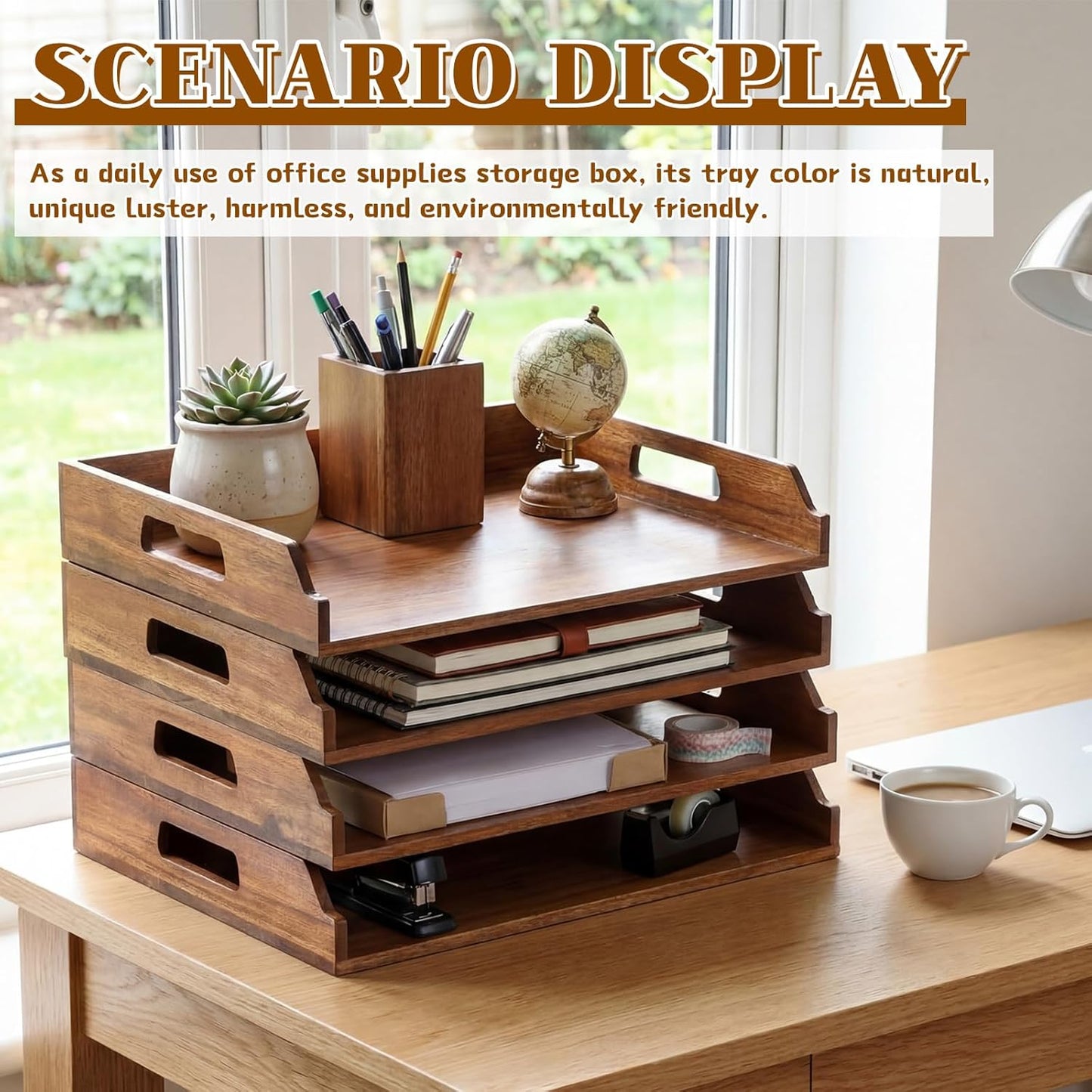 AceOrbit 6 Pcs Stackable Paper Tray Bamboo Wood Desk Organizer Letter Tray 6 Tier Wooden File Organizer Desk Shelf for Documents, Letter Sorter, Envelopes and Magazine Holder