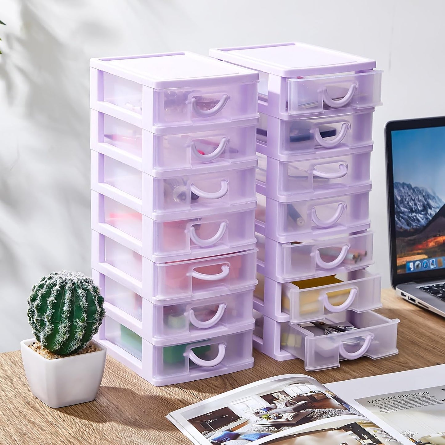 Thyle 2 Pcs Plastic Drawers Organizer Mini Organizer Stackable Plastic Clear Drawer Storage Box Containers Storage Units for Desktop Classroom Craft 6.7 x 4.9 x 13.4 inches(Purple)