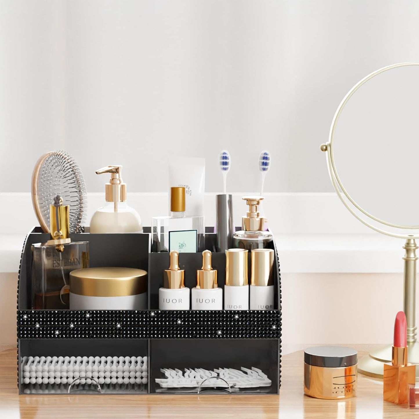 Makeup Organizer with Drawers, Cosmetic Storage for Dresser Vanity and Bathroom Countertop, Beauty Holder for Lipstick Brush, Skincare Organizer for Vanity, Cosmetic Display Case (White)
