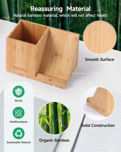 Bamboo Pen Holder for Desk & Nightstand Organizer with Fast Wireless Charging for iPhone, Samsung & More – Office Desk Accessories for Men/Women (Natural)