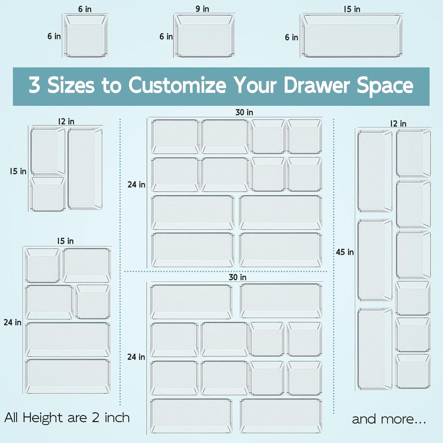 6 Pack Large Clear Plastic Drawer Organizer Trays, Desk Drawer Organizers and Storage Dividers, Non-Slip Storage Bins for Jewelry, Snacks, Office, Bathroom, Bedroom and Kitchen