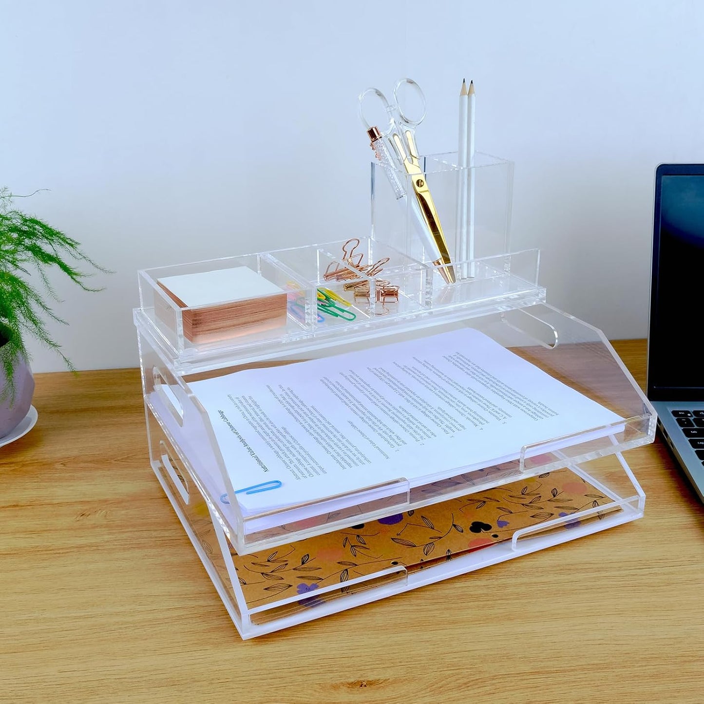 Clear Acrylic Desk Organizer 4-Piece Desk Kit + Free Complimentary Acrylic Ruler, Desktop Organization for Office or Home