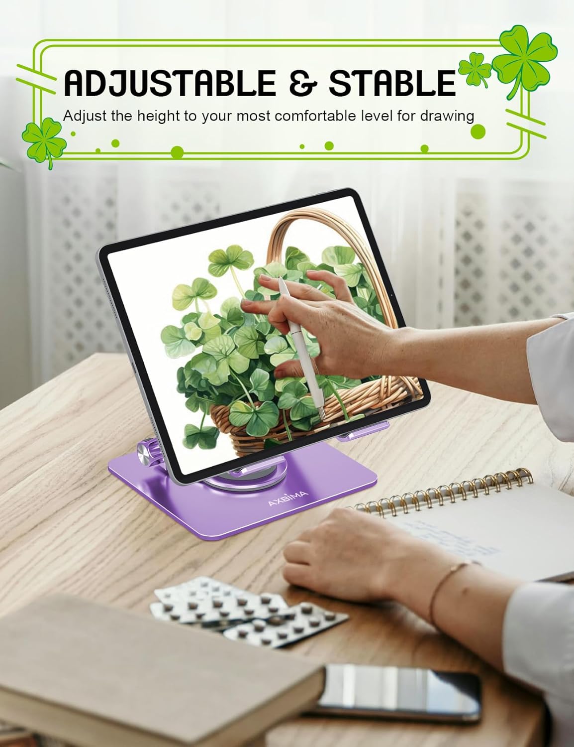 Tablet Stand for iPad,360° Rotating Desktop Holder - Aluminum Adjustable & Foldable Desk Holder for iPad Pro 12.9/11,Air 10.9,Samsung Tab S9,Portable Home/Office,Gift for Adults,Teens (Purple)
