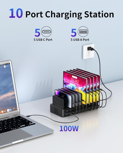 580W Charging Station for Multiple Devices, 10-Port USB C Fast Charger Station, Dual PD 100W Charging Dock with Adjustable Dividers & 6 Cables-Device Organizer for Laptop MacBook, iPhone, iPad