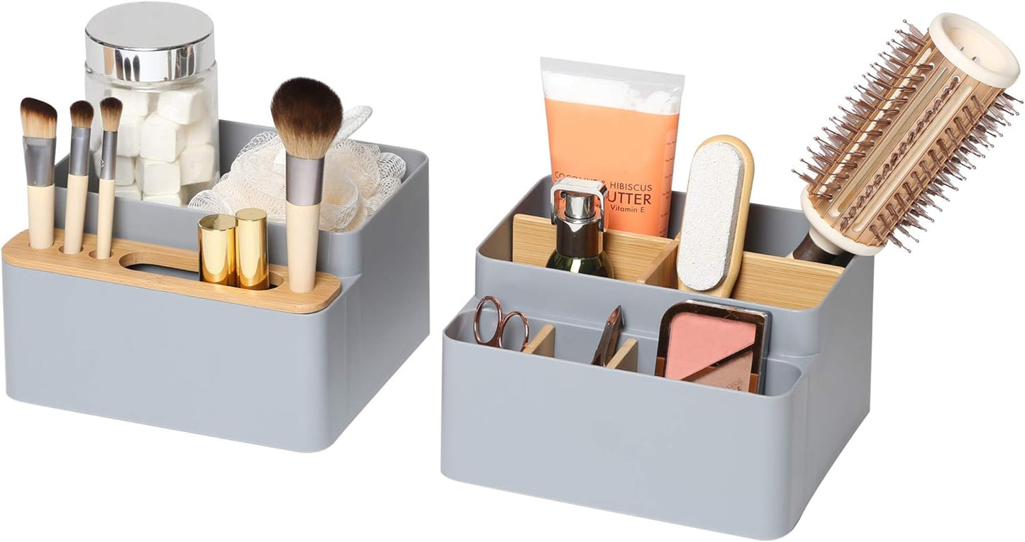 Seville Classics Bamboo Premium Organizer Storage Bins for Kitchen Silverware, Pantry, Closet, Office Desk, Pens, Utensils, Makeup, K Cup, Bamboo, Bag Holder Bin Set (4 Piece)