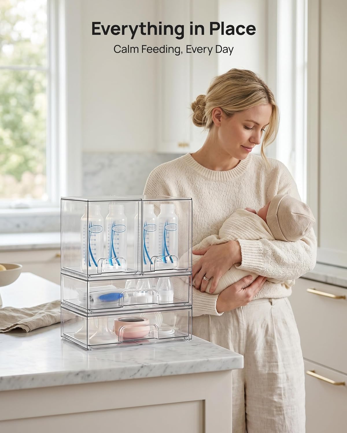 Vtopmart Stackable Storage Drawers Set of 4, Clear Plastic Organizer Bins for Bathroom Supplies,Ideal for Cabinet,Pantry,Laundry Room Organization