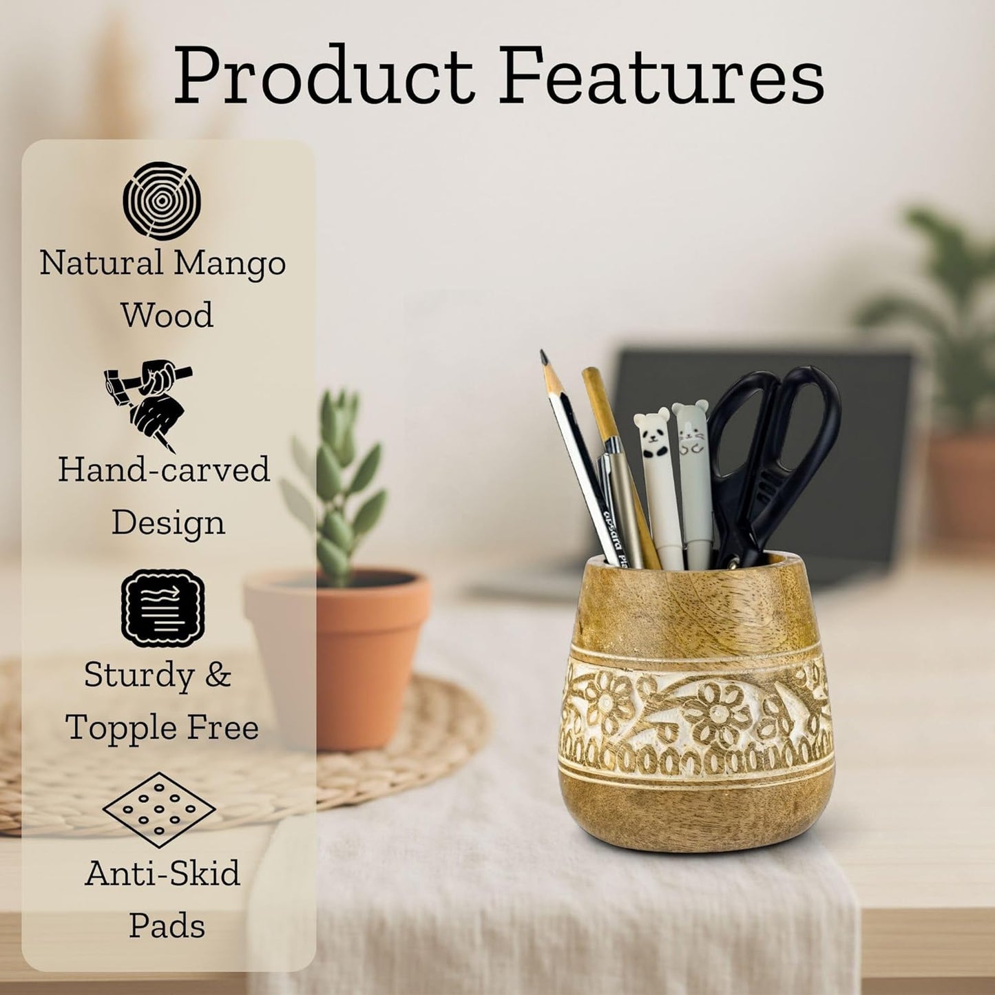 Mie Creations Designer Pencil Holder for Desk Wood | Wooden Pen Stand, Paintbrush Cup, Desk Accessories, Cute Make Up Brush Organizers | Office Desktop Stationery, Christmas Holidays Gift- 4'' Brown