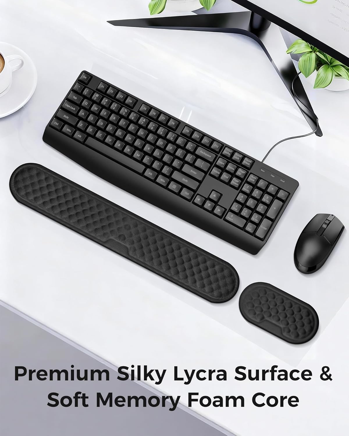 Wrist Rest Set for Keyboard and Mouse, Ergonomic Wrist Support with Memory Foam, Silky Lycra Cover, Non-Slip Base, Helps Ease Wrist Pressure and Fatigue During Long Typing and Gaming Sessions (Black)
