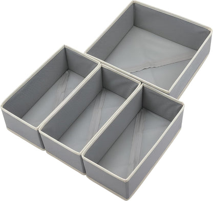 Bructhun Foldable Fabric Drawer Organizer Set 4 Pack Dresser Dividers - Sock Underwear Storage Bins Gray