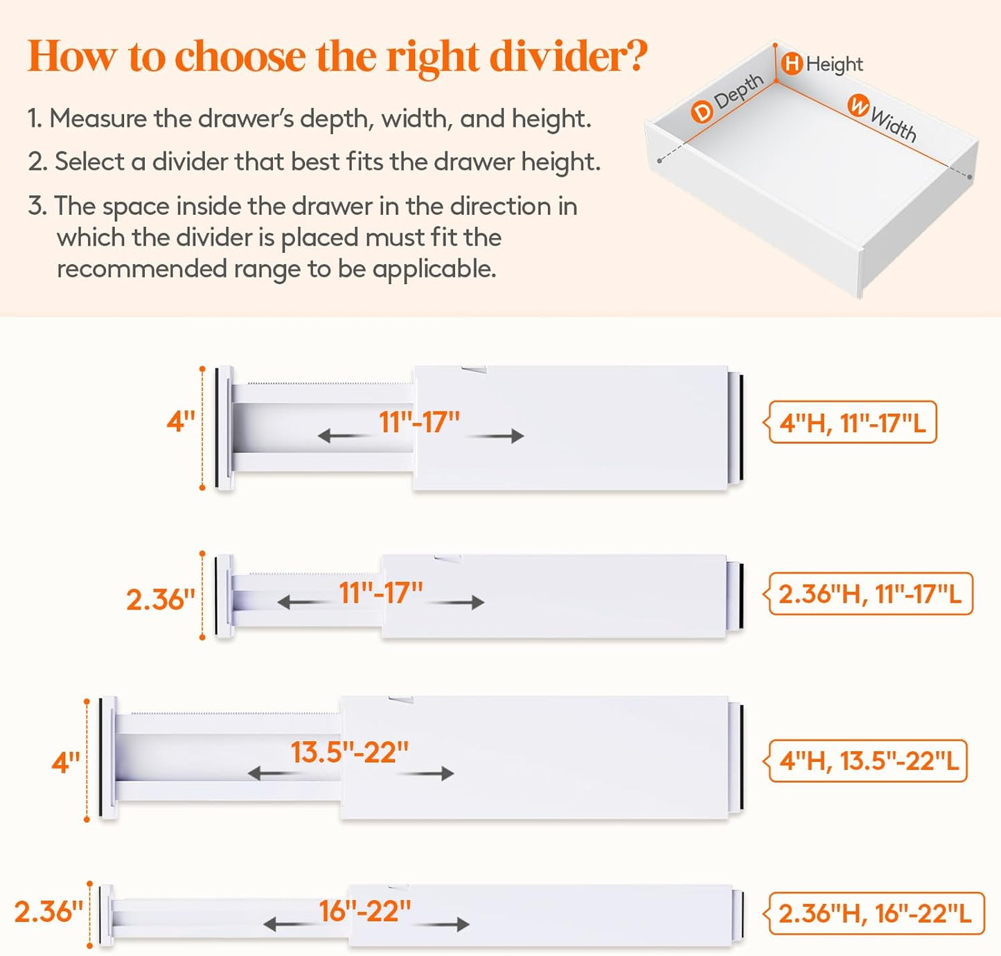 Lifewit 5 Pack 4" High Drawer Dividers 28-43.5cm/11-17" Adjustable Drawer Organizer for Clothes/Utensils, Expandable Drawer Separator in Dresser/Kitchen/Bedroom/Office Organization & Storage White