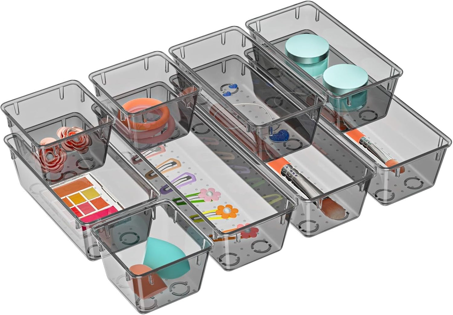 WOWBOX 6 Pack Clear Drawer Organizer Set, Acrylic Drawer Storage Trays, Storage Bins for Makeup, Cosmetics, Jewelries, Utensils, Gadgets, Office