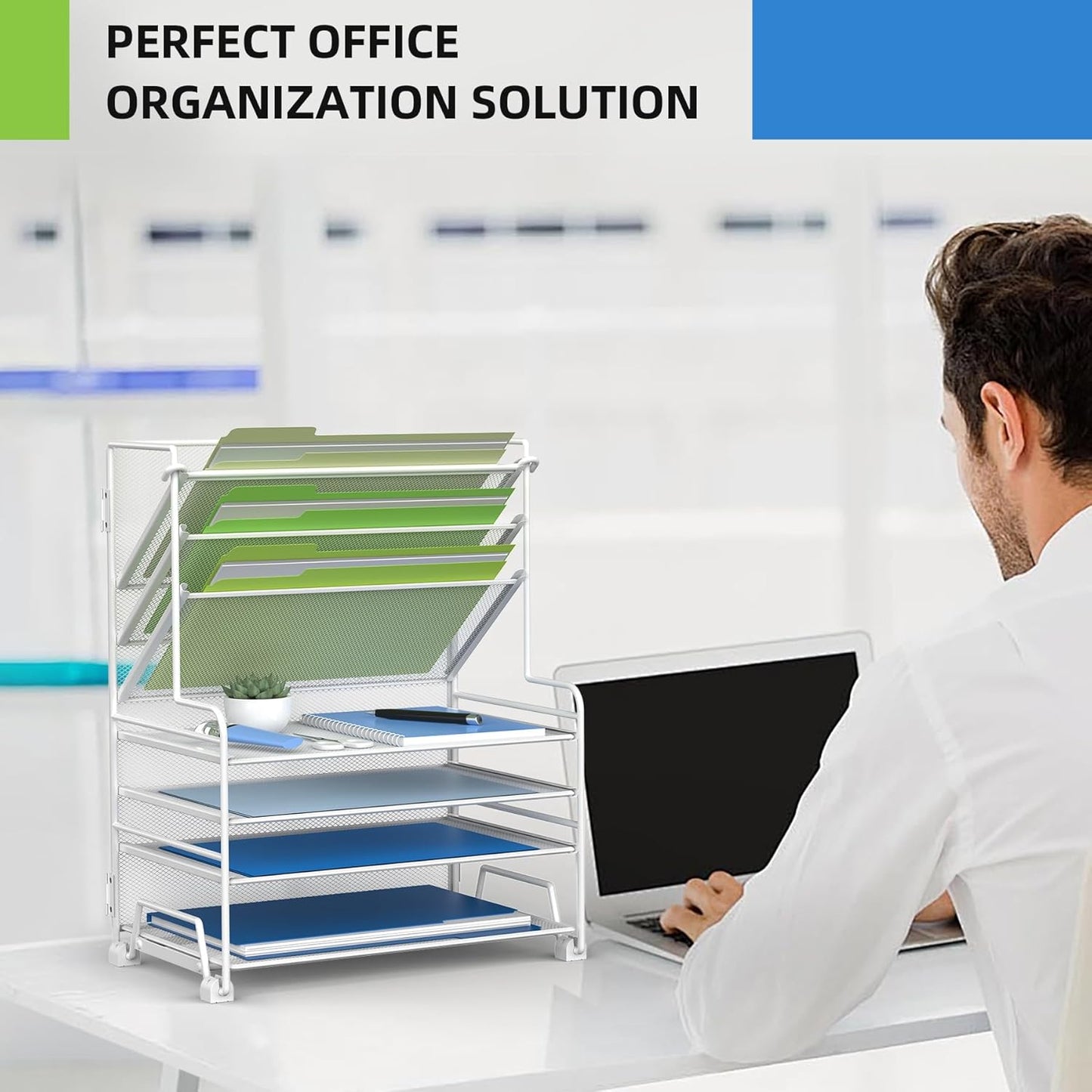 MINDEPOT 4-Tier Paper Organizer + 3-Pocket File Holder + Drawer + Pen Holders, Desktop File Organizers Paper Tray for Office Accessories School Classroom Organization (Black)