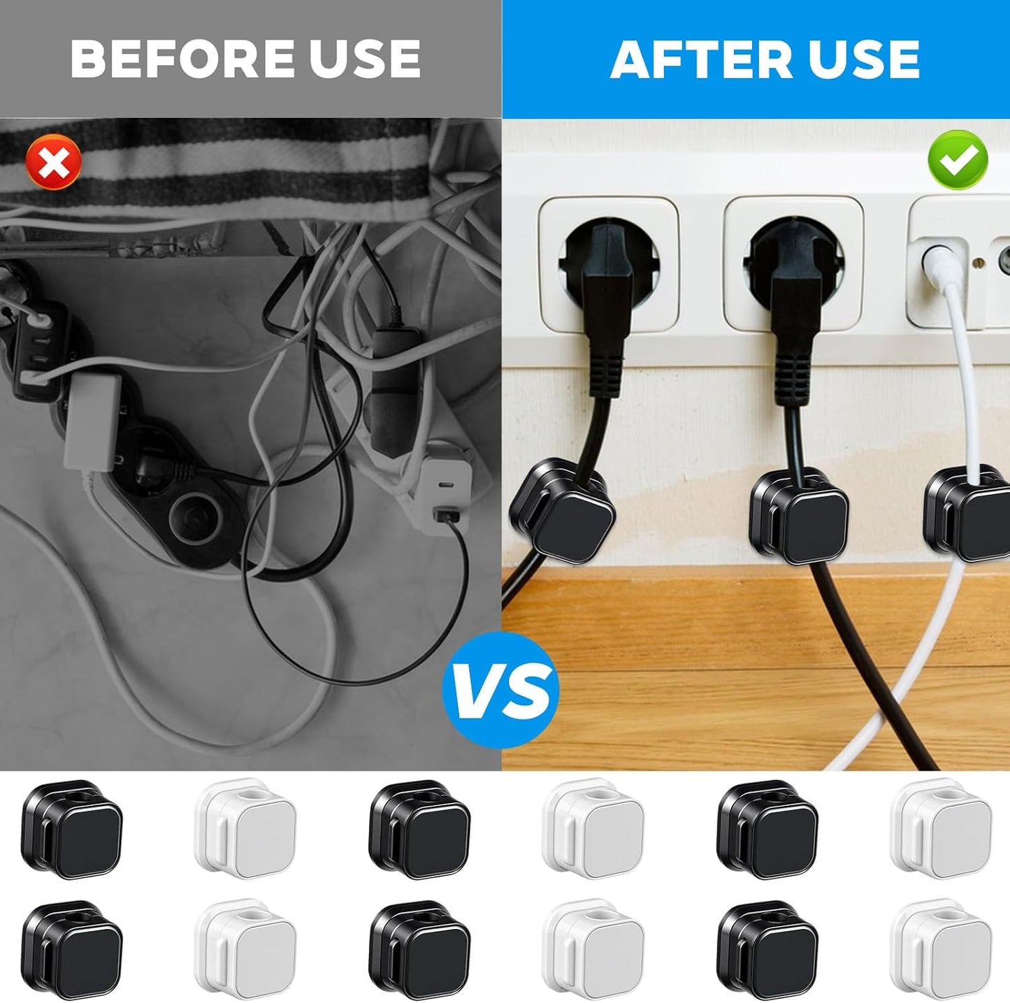 Magnetic Cord Organizer, 12 Pack (6 Black + 6 White), Strong Adhesive Cable Management Clips for Desk, Nightstand, Office & Car