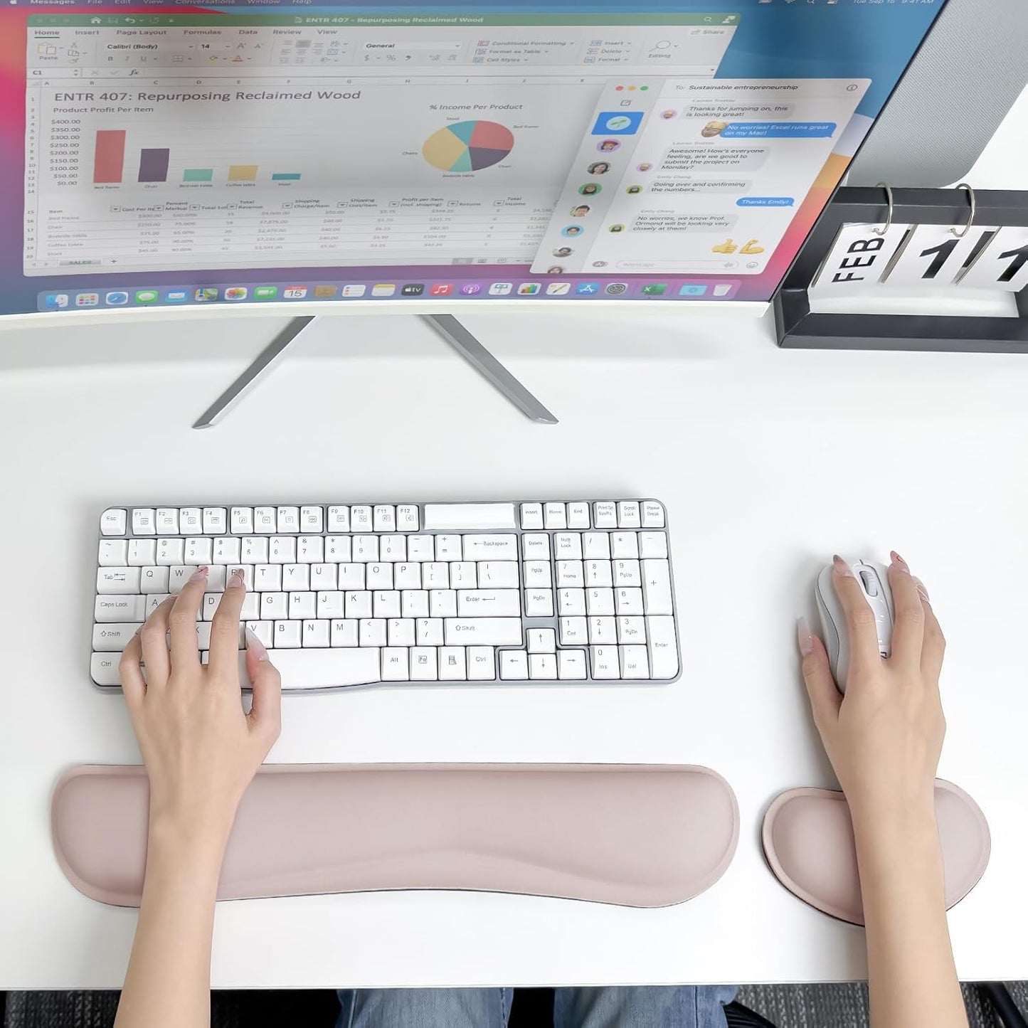 Wrist Rest for Computer Keyboard and Mouse, Ergonomic Design Wrist Support Pad for Keyboard, Soft Memory Foam Desk Pads Support Hand and Arm Easy Typing Pain Relief, 2 Piece Pad, Cream Pink