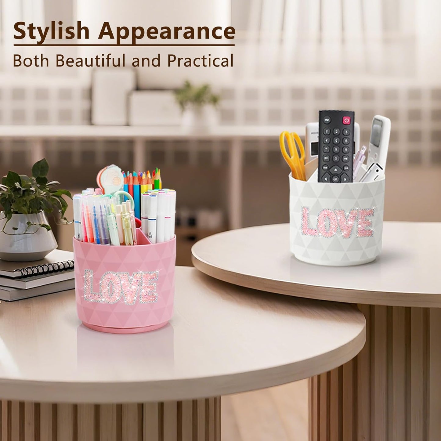 Desk Organizer, 360-Degree Rotating Pencil Pen Holders For Desk, Diamond Pattern Pen Organizer With 5 Compartments, Cute Desk Accessories Decor For Office, School,Home,Art Supply (Pink)