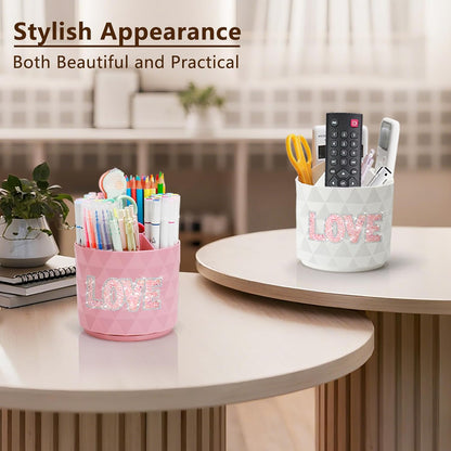 Desk Organizer, 360-Degree Rotating Pencil Pen Holders For Desk, Diamond Pattern Pen Organizer With 5 Compartments, Cute Desk Accessories Decor For Office, School,Home,Art Supply (Pink)
