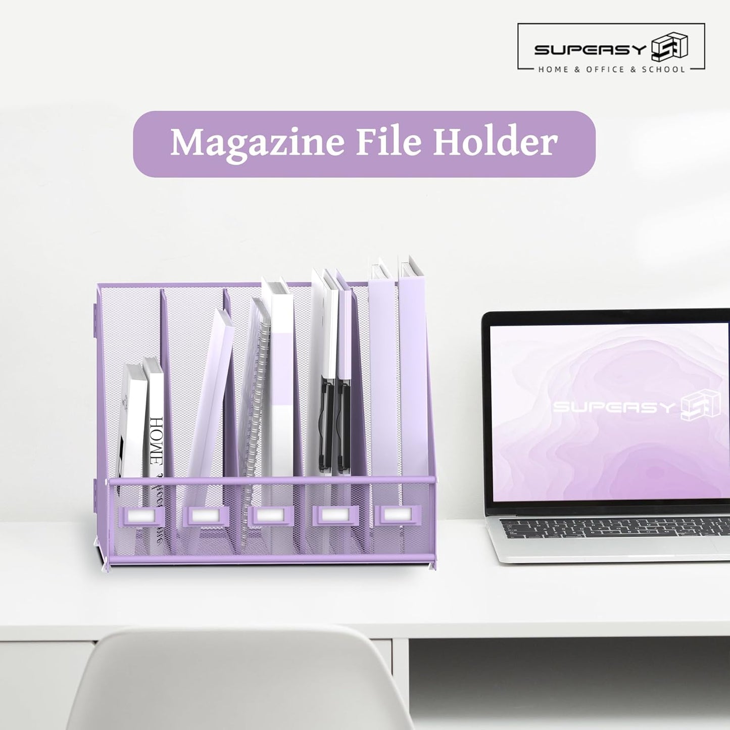 SUPEASY Desk Organizers Metal Desk Magazine File Holder with 5 Vertical Compartments Rack File Organizer for Office Desktop, Classroom, Home Workspace, Black