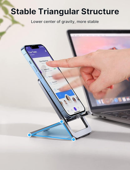 JSAUX Cell Phone Stand, Foldable Aluminum Adjustable Phone Holder for Desk Portable Travel Essentials Office Accessories for iPhone 17 16 15 14 13 Pro Max Samsung S25 S24 S23 Ultra Kindle-Gray